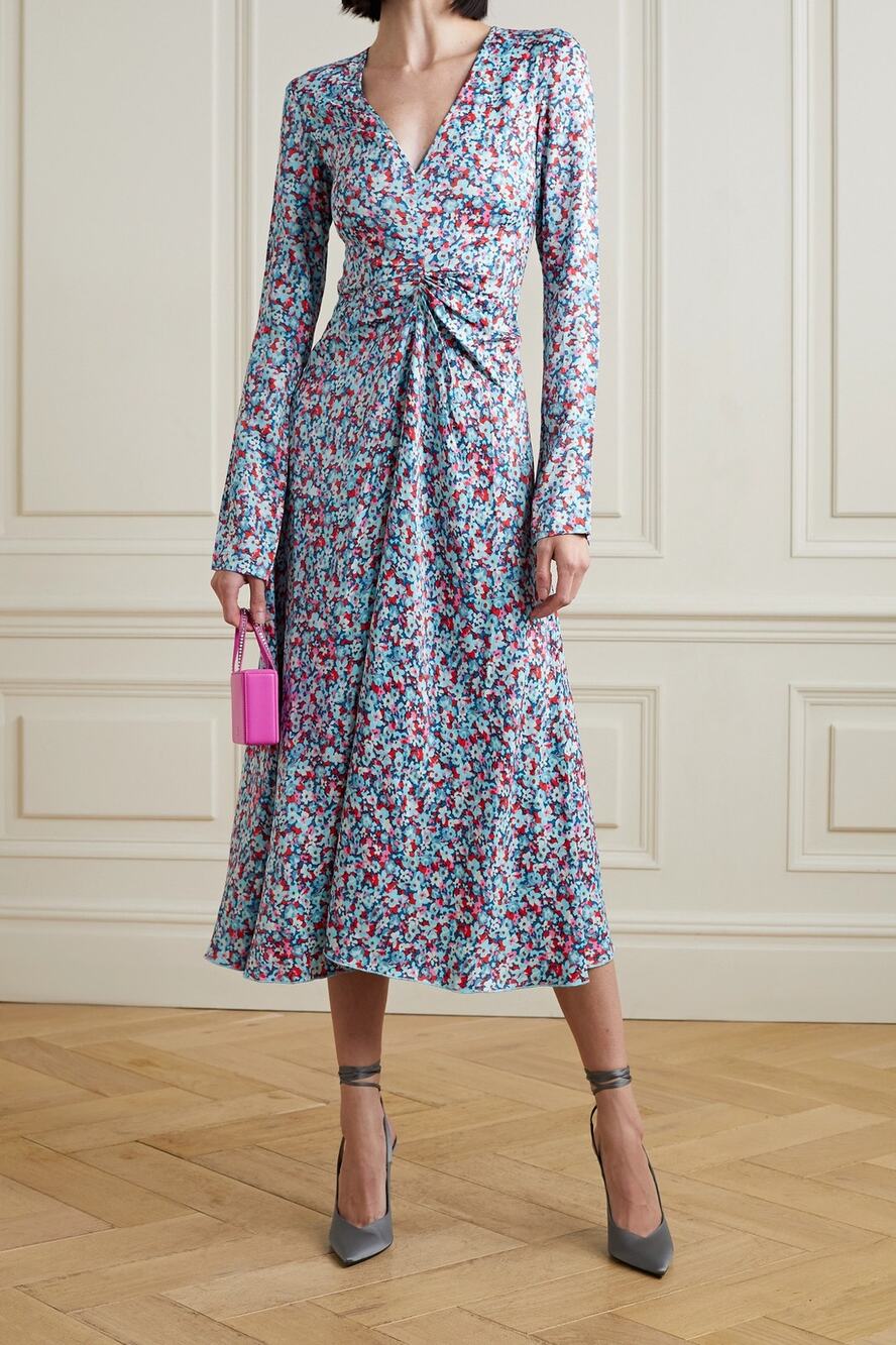 Floral Twist-Front Midi Dress in Blue and Pink
